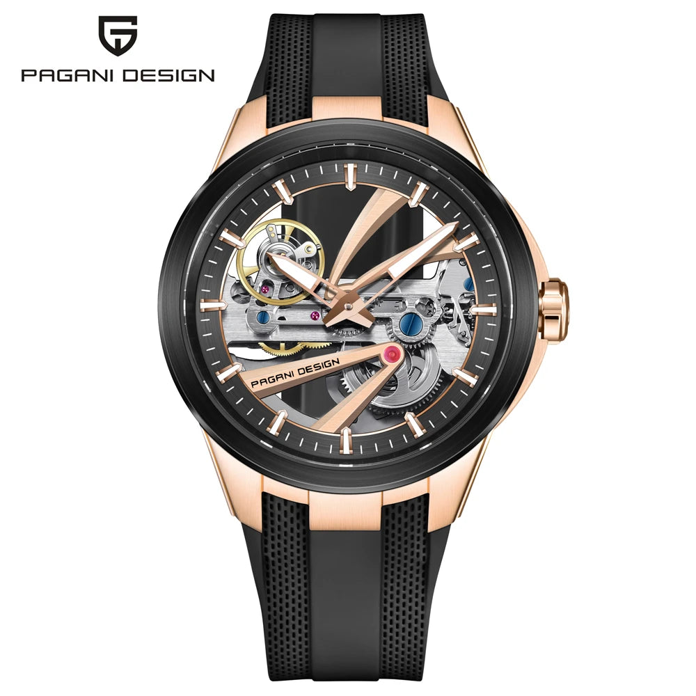Ceas pentru bărbați PAGANI DESIGN – Model mecanic automat de lux, de tip „schelet” (cu mecanism expus), dotat cu un tourbillon, sticlă de safir cu tratament antireflex, rezistent la apă și luminescent.