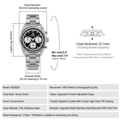 Watchdives Premier WD0526 Men Watch VK63 Mecha Chronograph Quartz Watches Sapphire Waterproof 316L Stainless Steel Wristwatch