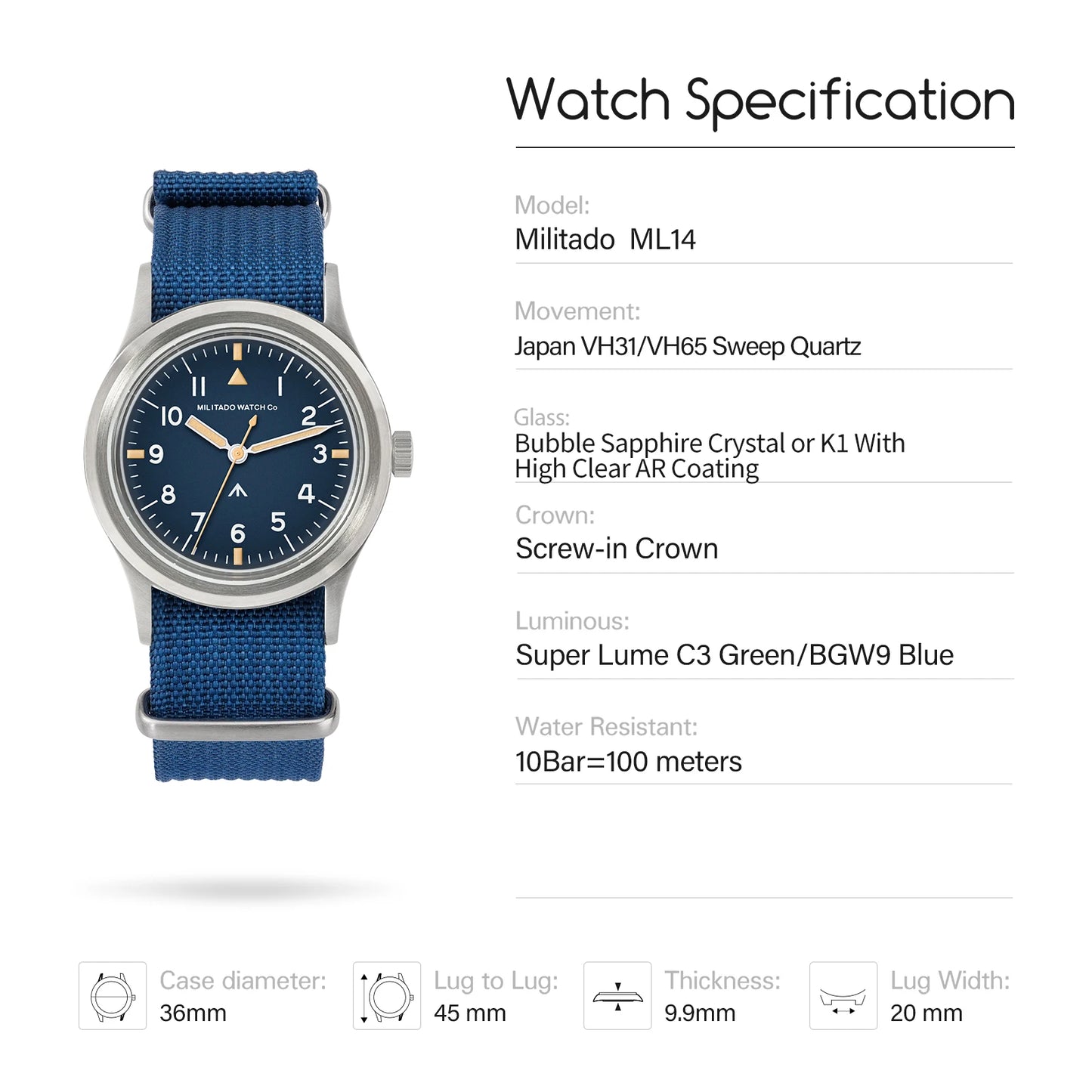 Militado ML14 Quartz Watch Cream Dial VH31/VH65 Sweep Movement Bubble K1/ Sapphire Luminous 36Mm Vintage Watches 100M Waterproof