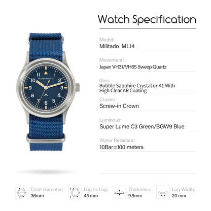 Militado ML14 Quartz Watch Cream Dial VH31/VH65 Sweep Movement Bubble K1/ Sapphire Luminous 36Mm Vintage Watches 100M Waterproof