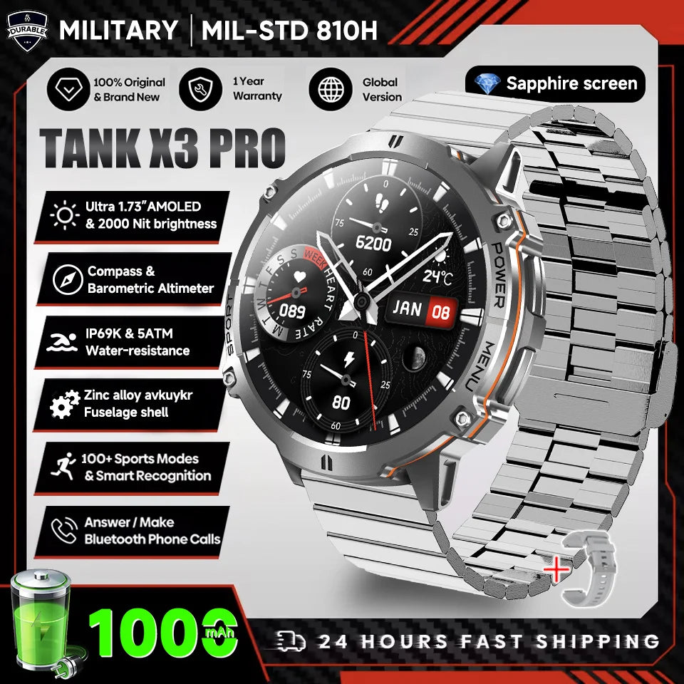 2026 Novo Smartwatch Militar TANK X3 para Homem, Bateria 1000mAh, 10ATM À Prova de Água para Natação, Percurso GPS, Ecrã AMOLED HD de 1.75", Chamadas e Desporto