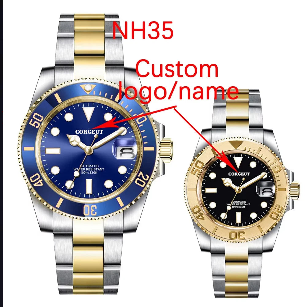 Custom logo NH35 MIYOTA 8215 Automatic Men Watch Luxury Diver Two Tone Gold 316L Stainless Steel Sapphire 10ATM Sterile  Sunburs