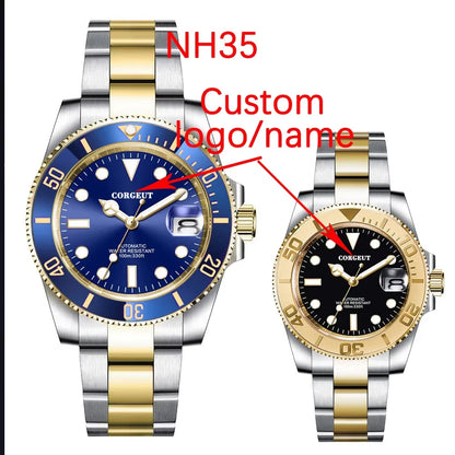 Custom logo NH35 MIYOTA 8215 Automatic Men Watch Luxury Diver Two Tone Gold 316L Stainless Steel Sapphire 10ATM Sterile  Sunburs