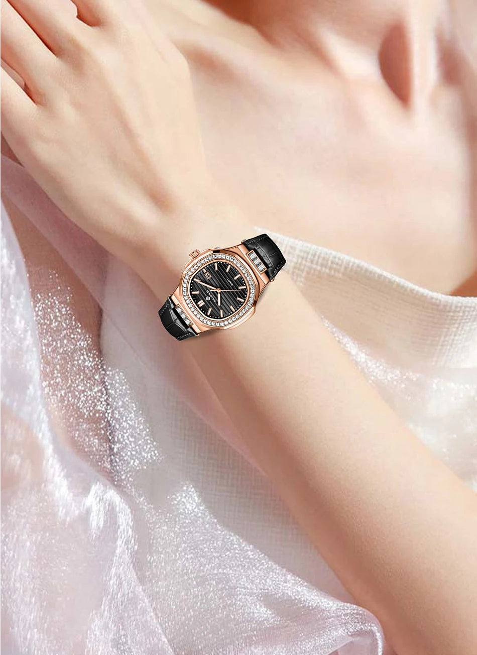 New Fashion BANGWEI Elegant Luxury Quartz Woman Watch Simple Dial Diamond Retro Leather Date Waterproof Luminous Women's Watches