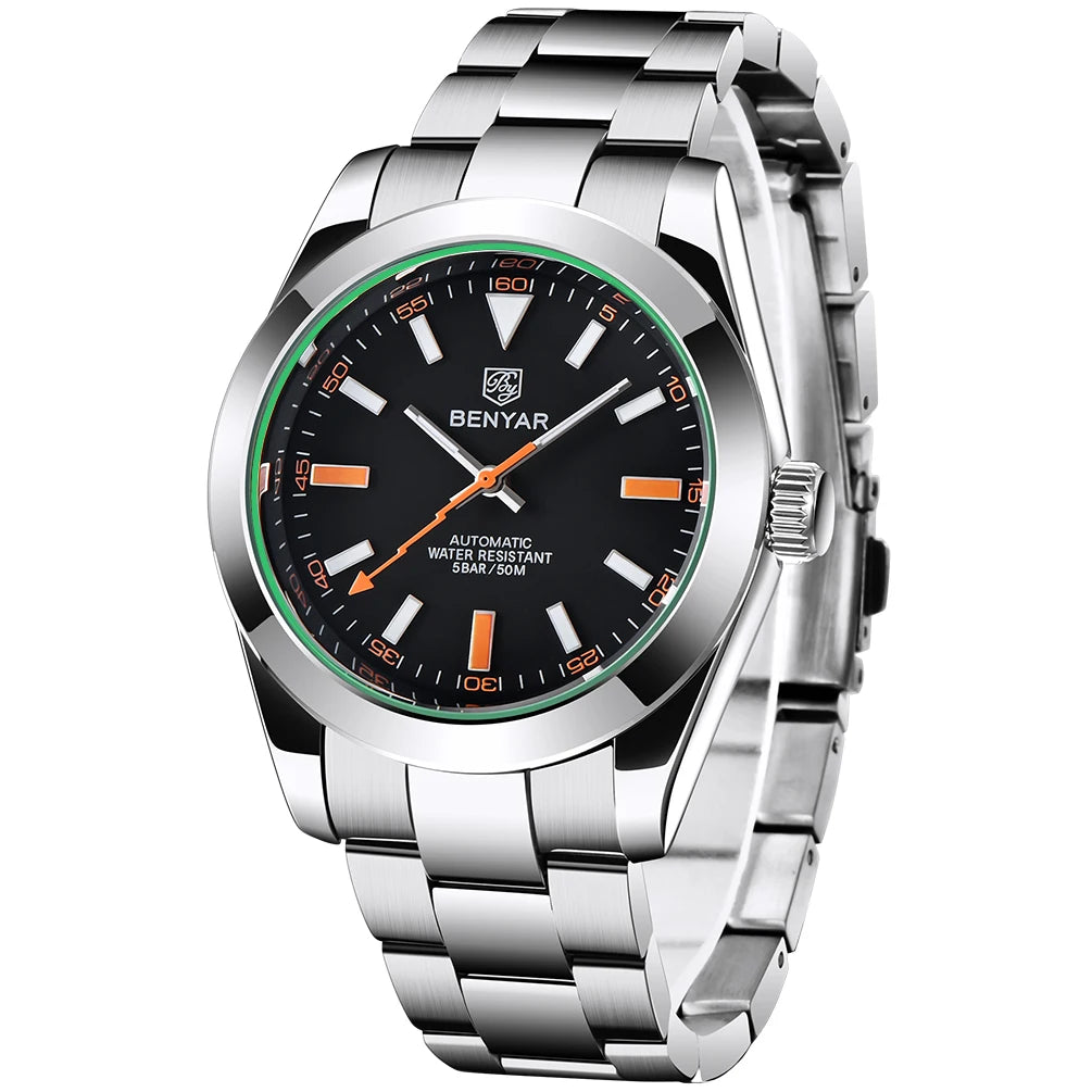 BENYAR – Nuevo reloj para hombre, marca de lujo, reloj mecánico automático, resistente al agua hasta 50 m, modelo deportivo con agujas luminiscentes