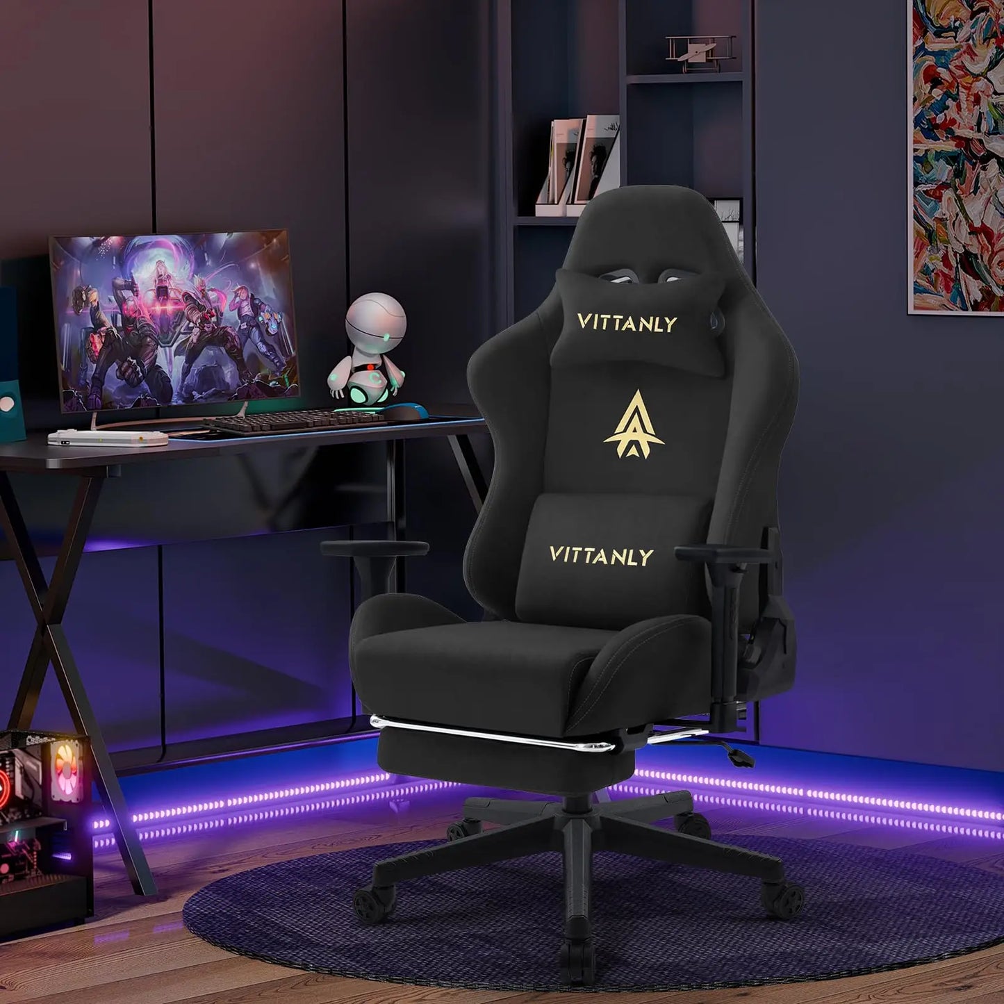 Cadeira Gaming Vittanly Respirável para Escritório em Tecido de Alta Qualidade, Nova Cadeira de Secretária Ajustável e Giratória com Apoio para os Pés