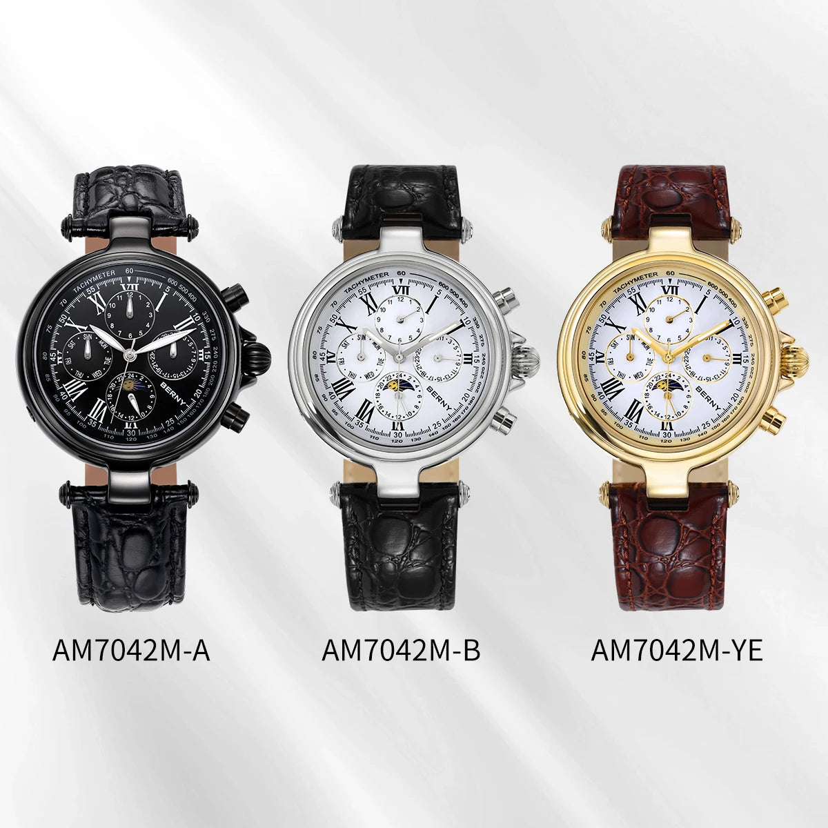 BERNY Classic Dress Automatic Watch for Men Luxury Stainless Steel Mechanical Wristwatch Leather Strap Waterproof Sliver Watches