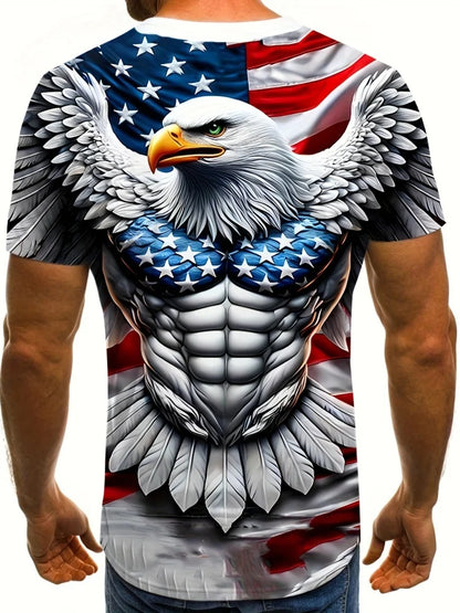 T-shirt patriótica para homem com estampado 3D de águia, gola redonda, manga curta, estilo casual, para verão, moda, atividades ao ar livre e vestuário masculino