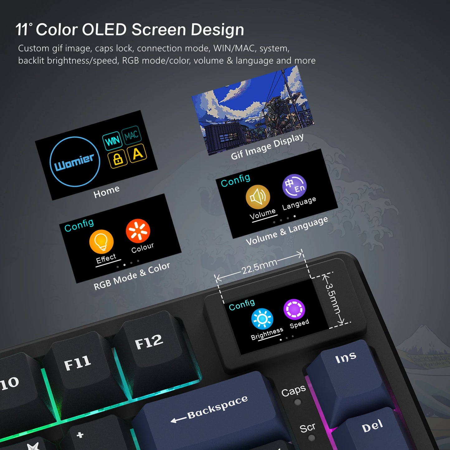 Teclado gamer Womier S-K80 con pantalla OLED a color, teclado mecánico gaming hot-swappable con montaje gasket y RGB personalizable