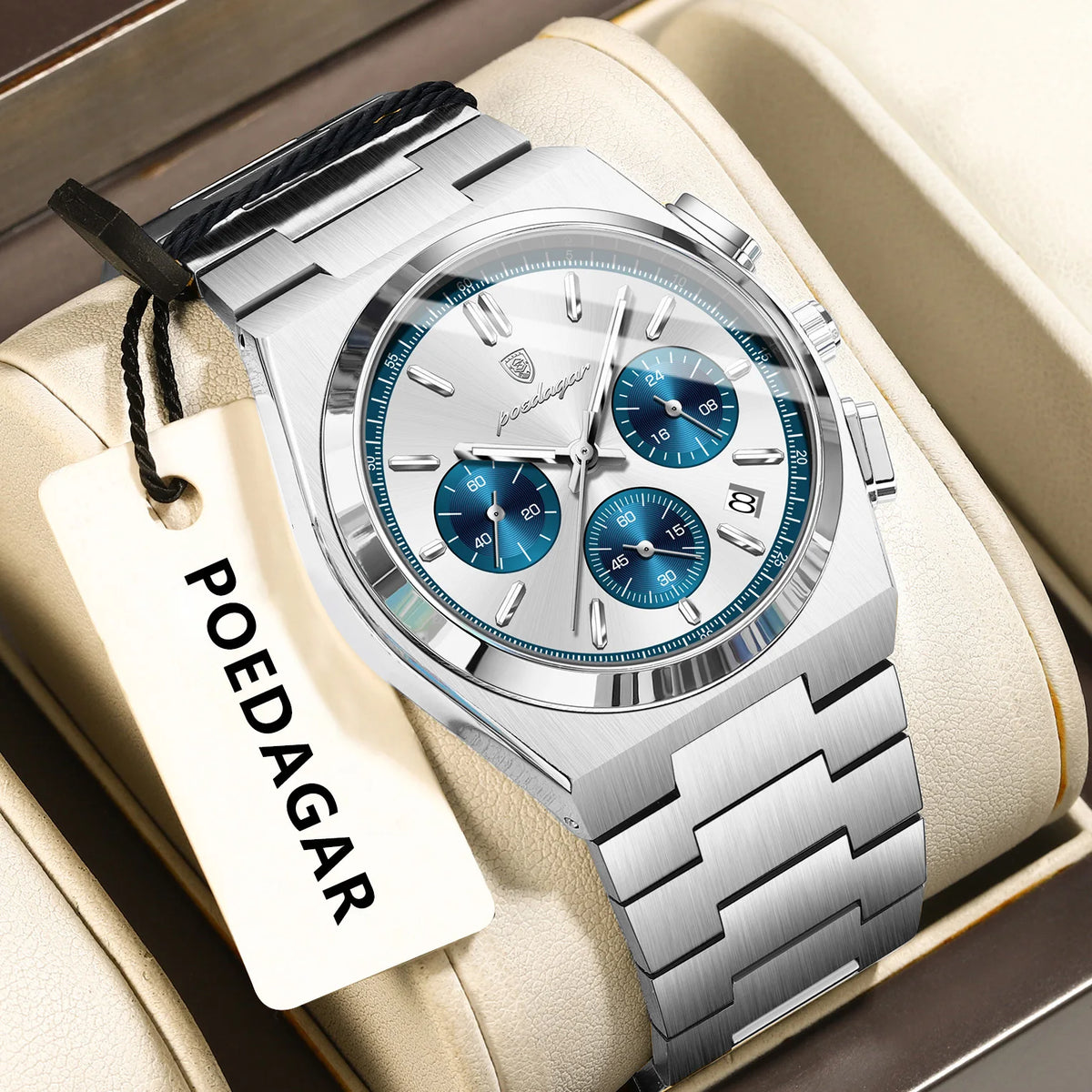 Pánské hodinky POEDAGAR – luxusní chronograf z nerezové oceli, s datem, vodotěsné a s luminiscenčními prvky – sportovní náramkové hodinky s quartzovým strojkem