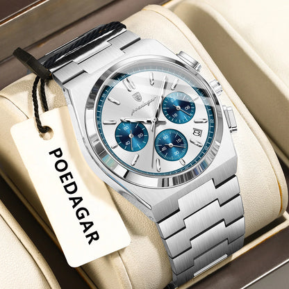 Pánské hodinky POEDAGAR – luxusní chronograf z nerezové oceli, s datem, vodotěsné a s luminiscenčními prvky – sportovní náramkové hodinky s quartzovým strojkem
