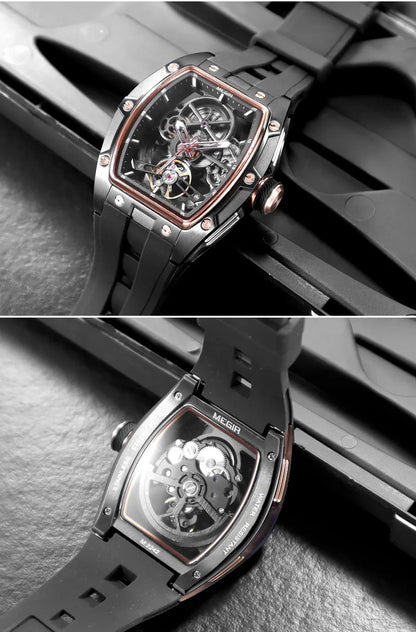 MEGIR 2242 Blue Automatic Watch for Men Sport Waterproof Stainless Steel Mechanical Wristwatch with Silicone Strap Skeleton Dial