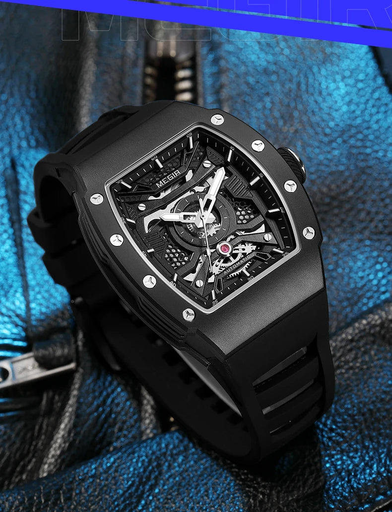 MEGIR Men's Automatic Mechanical Watch with Stainless Steel Case Sillicone Strap Fashion Waterproof Luminous Wristwatch 8604