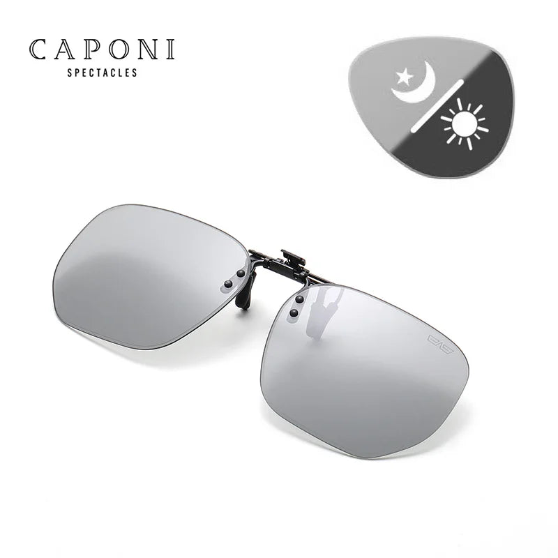 CAPONI New Sunglasses Clip For Men Square Polarized Photochromic Glasses Clip Flipped Up Protect Eyes Light Clip On Frame BS1103
