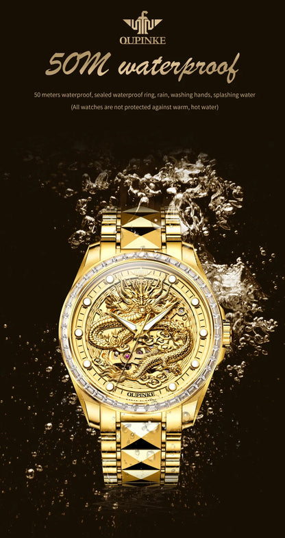 OUPINKE Orologio da uomo Top Brand di lusso in oro e acciaio al tungsteno, orologio da polso meccanico automatico originale con quadrante con motivo drago