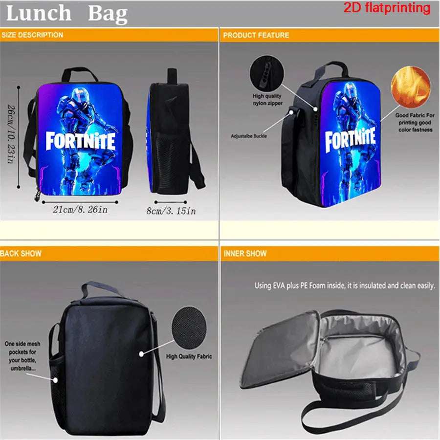 Cartoon FORTNITE Insulated Cooler Lunch Bag, Cute Portable Lightweight Picnic Bag for Boys & Girls Ages 5-10, Kids Daily Food Bag