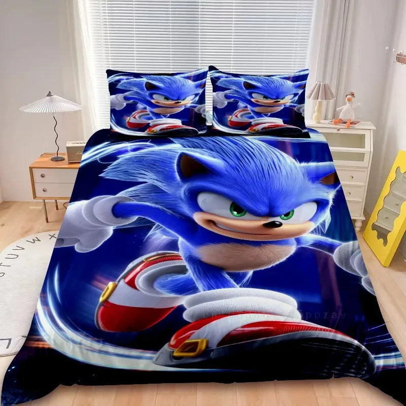 Conjunto de capa de edredão Sonic de 2/3 peças para crianças, conjunto de roupa de cama com capa de edredão para decoração de quarto, adolescentes e presentes para crianças, cama individual ou de casal