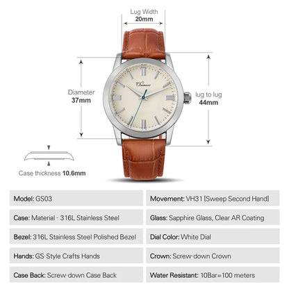 Chameri GS04 Quartz Watch VH31 Sweep Movement Business Watch Sapphire Crystal 100m Waterproof 316L Stainless Steel Vintage Watch