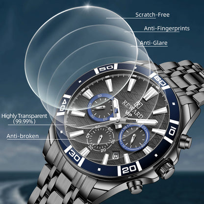 REWARD Mens Watches Waterproof  Luminous Quartz Wristwatch Business Stainless Steel Strap with gift box