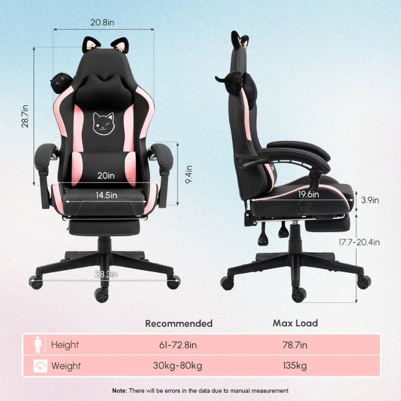 Sedia da gaming carina con orecchie da gatto, poggiapiedi, rosa kawaii, sedia per computer ergonomica con schienale alto, seduta gamer e supporto lombare a zampa di gatto