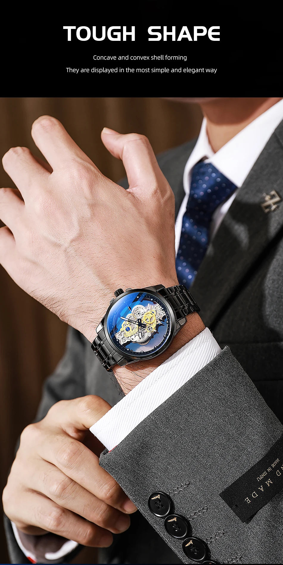 TPW Men’s Luxury Black & Gold Skeleton Quartz Watch Fashion Wristwatch