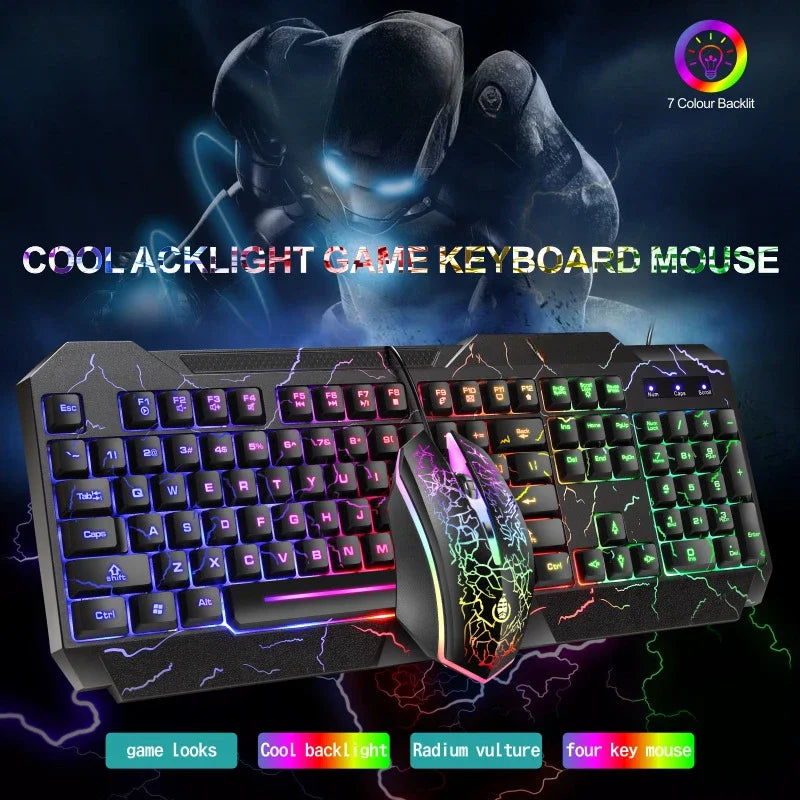 Combo de teclado y ratón gaming con cable para ordenador de sobremesa, teclado retroiluminado con luz LED y sensación mecánica