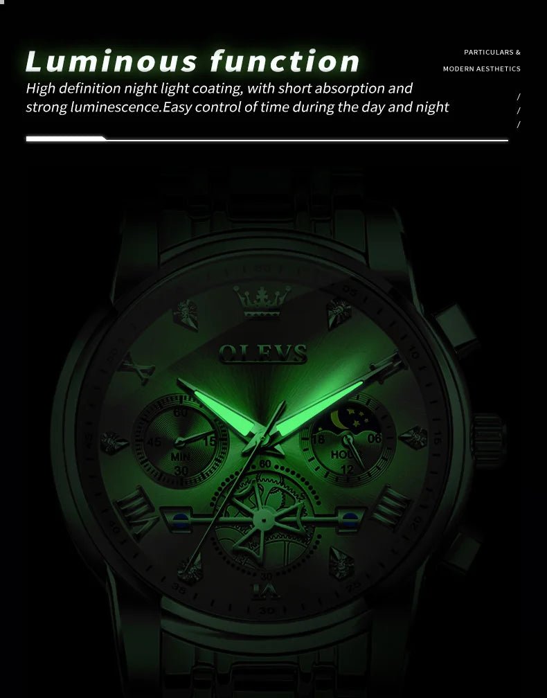 OLEVS Men's Watches Classic Multifunctional Flywheel Chronograph Original Quartz Wristwatch Moon Phase 24 Hour Waterproof Watch