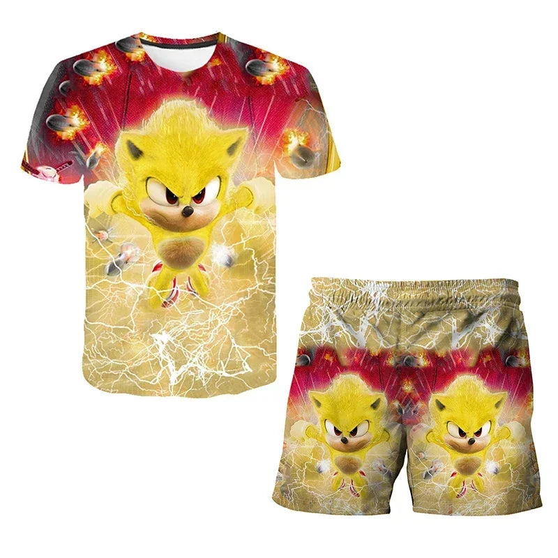 Fashion 3D Anime Children's T-shirt Set Sonic The Hedgehog Top Short Sleeve + Shorts Two-piece Set Girls Boys Cosplay Costume