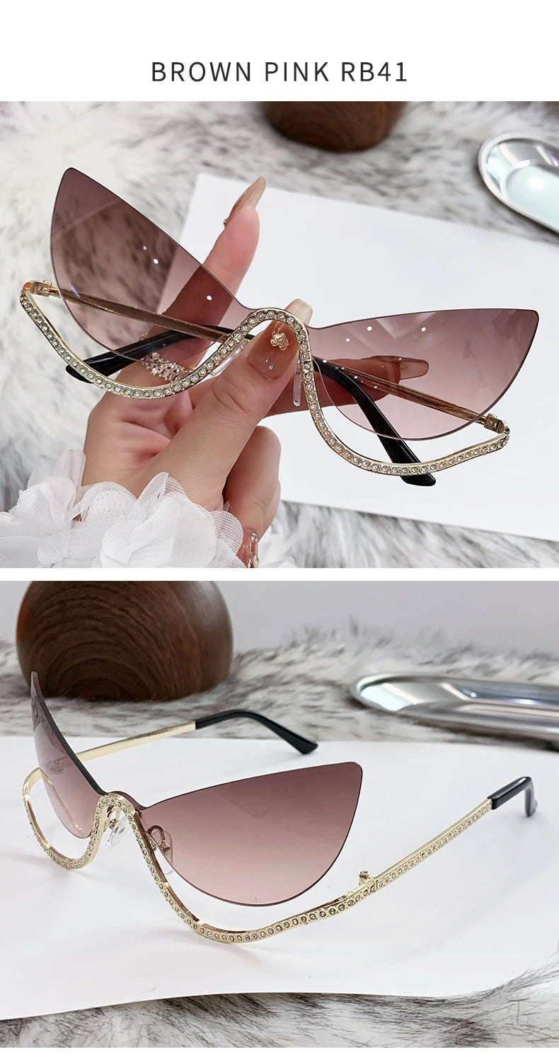 Sexy Cat Eye Rimless Sunglasses Women 2026 Luxury Brand Trendy Rhinestone Sun Glasses Punk Metal Frame Eyewear Outdoor Shades