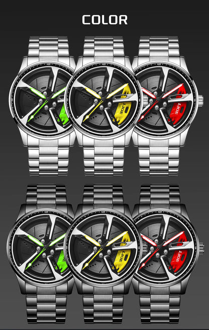 LIGE New Sport 3d Car Wheel Rim Hub Watch Fashionable Rotating Dial Stainless Steel Strap Waterproof Quartz Watches reloj hombre