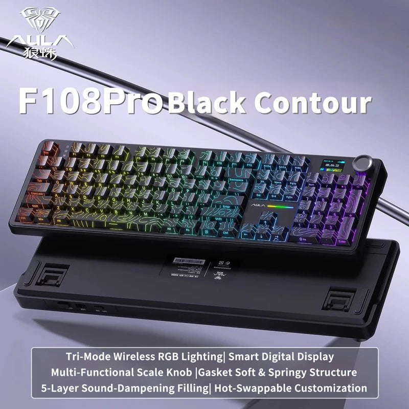 Teclado mecânico AULA F108 PRO personalizado, layout 100%, retroiluminação RGB, Bluetooth sem fios, switch HiFi, teclado gaming