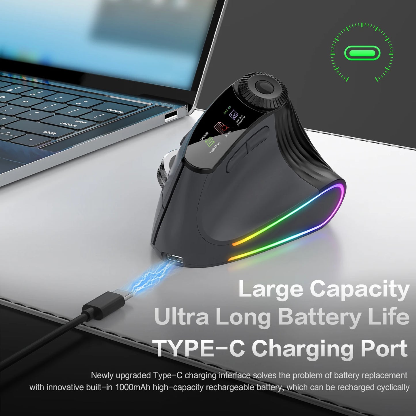 Jomaa RGB-verlichte Speed Roller draadloze verticale muis met functie-instelknop, Bluetooth USB, ergonomische muis, stille klik