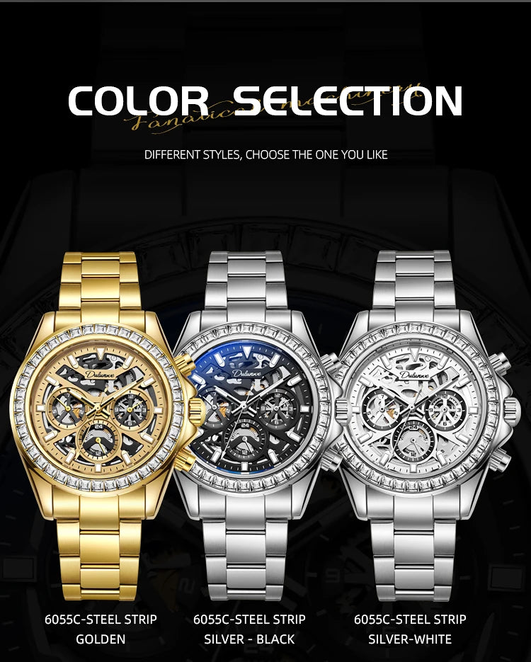 Diamond Bezel Stainless Steel Automatic Watch Fashion Mulitfunction Waterproof Luminous Mechanical Watches for Men