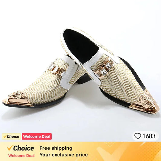 Men Luxury White Gold Metal Toe Oxford Elegant Loafers Slip On Dress Shoes Formal Wedding Party PU Leather Shoes Size 38-46