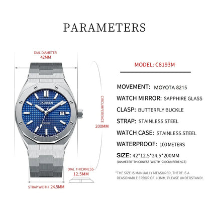CADISEN Luxury Design 42MM Men Watches Japan MIYOTA 8215 Sapphire Glass Mechanical Automatic Watch Men 100M Waterproof