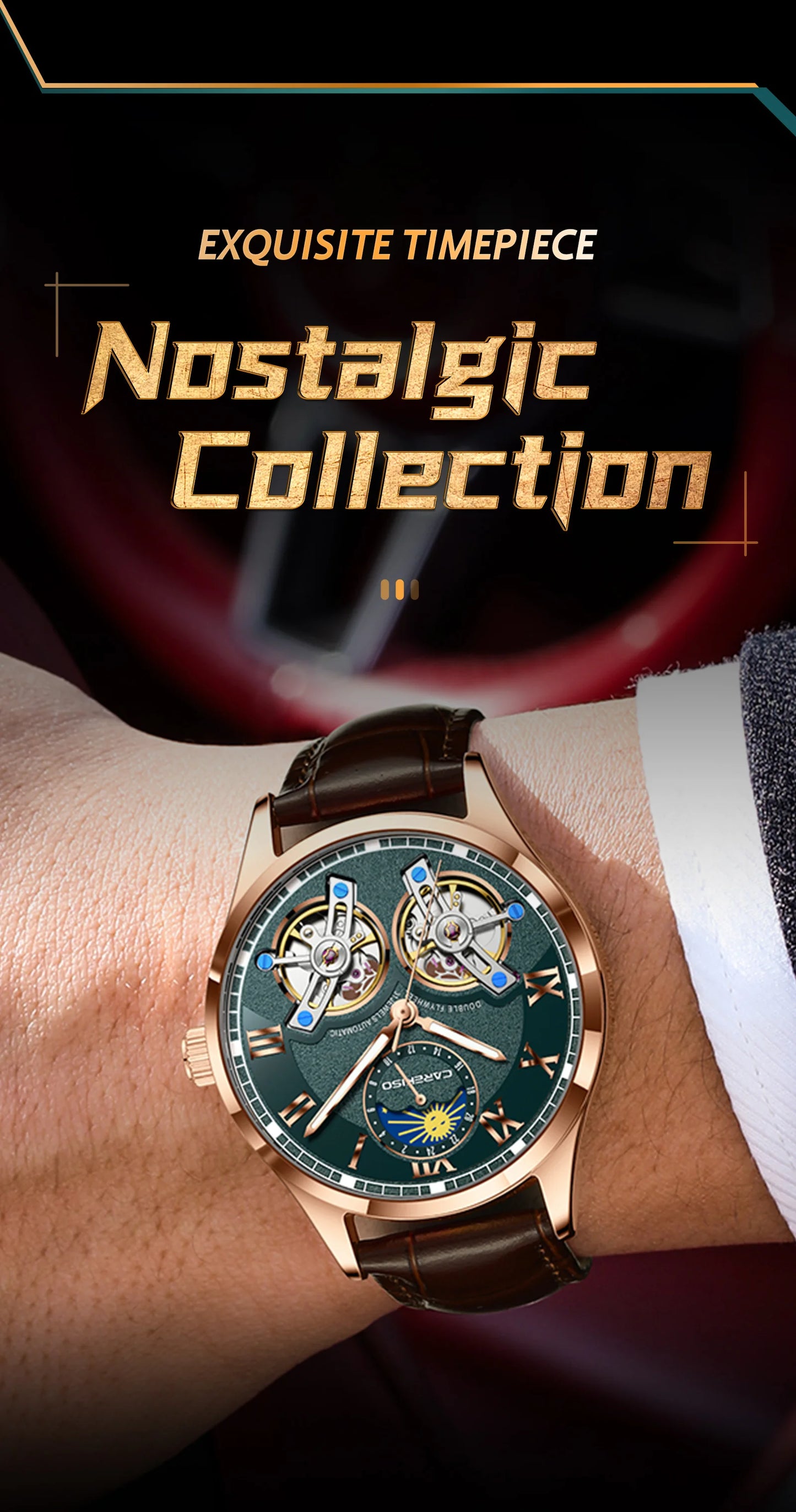 CAREKISO Fashion Men Clock Double Hollow Tourbillon Automatic Mechanical Man Watch Waterproof Luminous Leather Men's Watches+Box