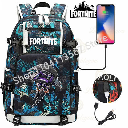 Mochila Red Jade F-Fortnited Battle Royale com carregamento USB, figuras anime e compartimento para material escolar para estudantes
