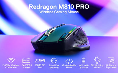 Rato Gaming Sem Fios Redragon M810 Pro, 10000 DPI, Rato Gamer com Fio c/ Tecla de Disparo Rápido, 8 Botões Macro, Preto/Branco