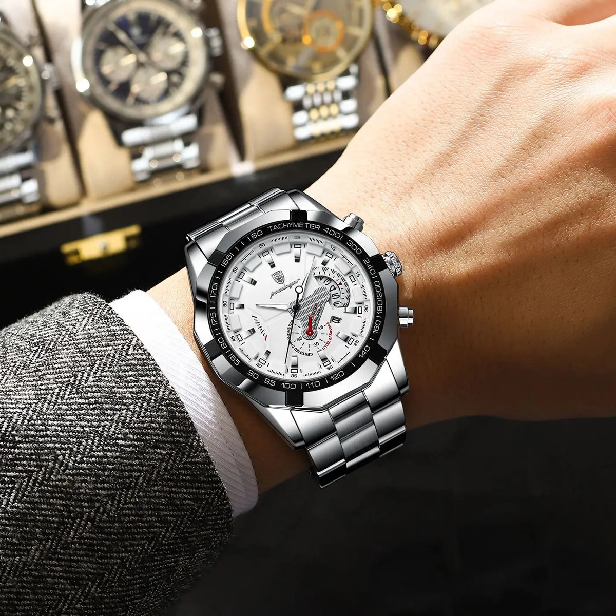 POEDAGAR luxury men’s watch, water-resistant, luminous, date display, sporty, stainless steel bracelet, quartz movement.