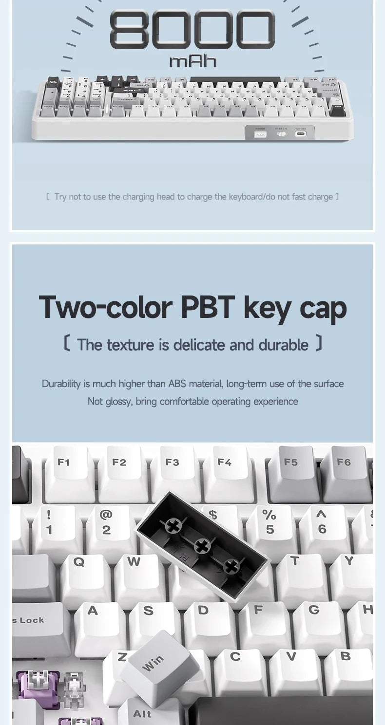 Teclado mecánico gaming Aula F99 de 99 teclas, tres modos: 2.4g inalámbrico, Bluetooth y cableado, hot swap, PBT, gasket y RGB para juegos y escritura