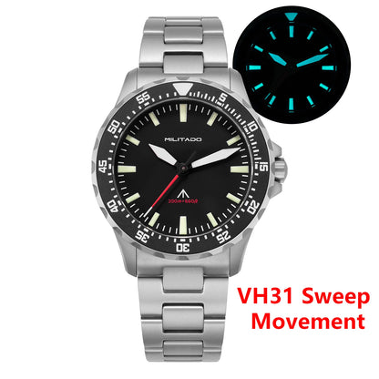 Militado ML16 Watch VH31 Sweep /515 Quartz Movement Sapphire Crystal BGW9 Luminous 200m Water Resistance 38mm Men's Vintage Watch