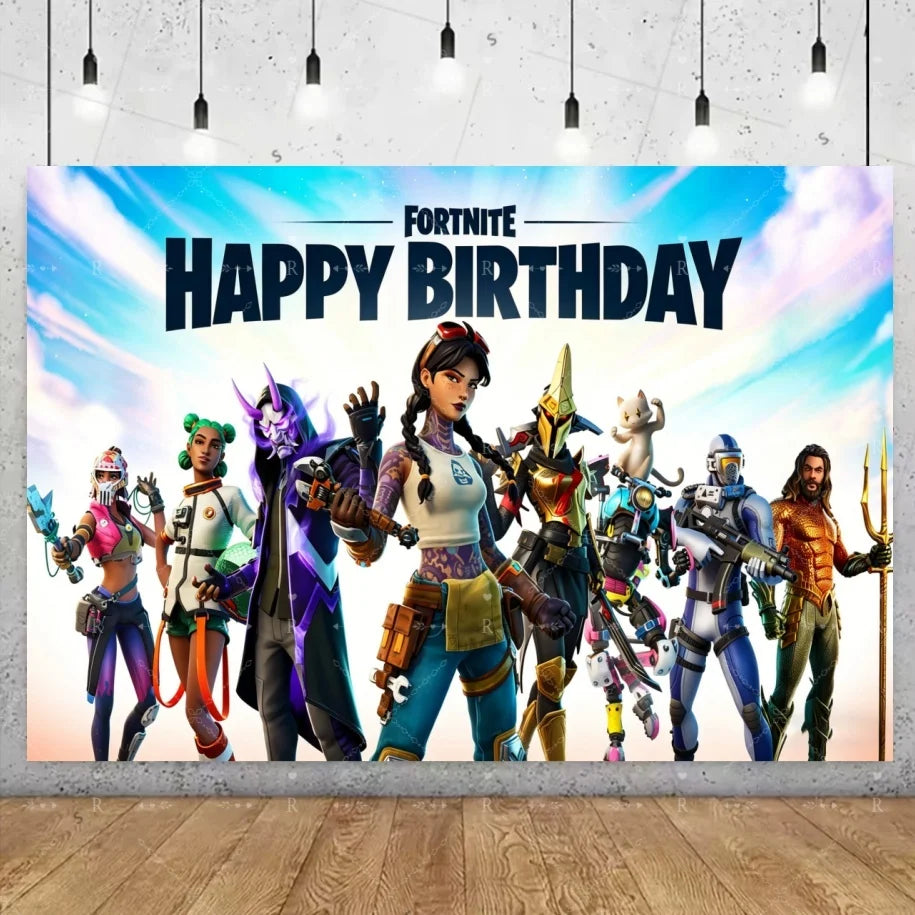 Fundo decorativo de aniversário com tema Fortnite — banner gamer Fortnite para meninos e meninas, pano de fundo para fotografia e presente para crianças