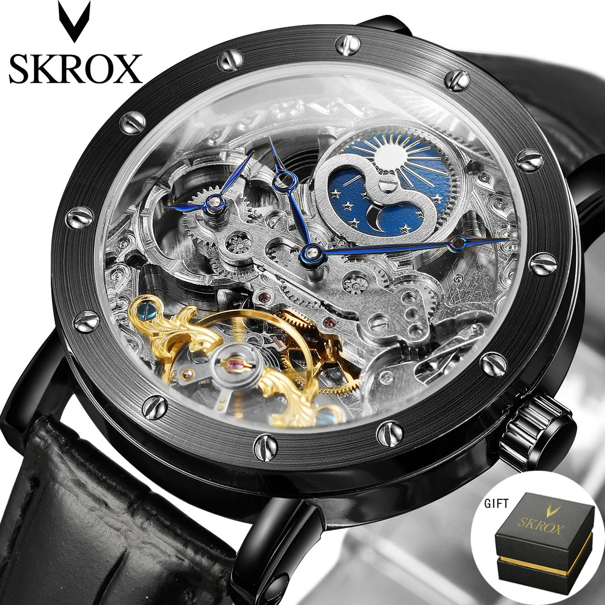 Pánské mechanické náramkové hodinky SKROX s automatickým nátahem, skeletový model s funkcí GMT, fázemi měsíce a tourbillonem – luxusní hodinky nejvyšší třídy, elegantní a originální.