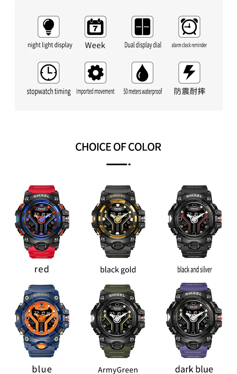 SMAEL 8075 Men's Analog Digital Dual Display Sport Watch - 50M Waterproof LED Backlight Dual Time Alarm Chronograph Stopwatch