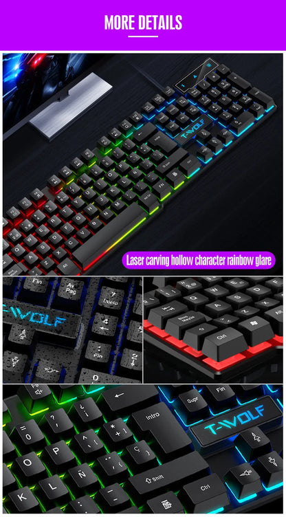 Tastiera gaming meccanica con retroilluminazione RGB, cablata USB, per ufficio e casa, tasti multimediali, layout russo, spagnolo, arabo e inglese