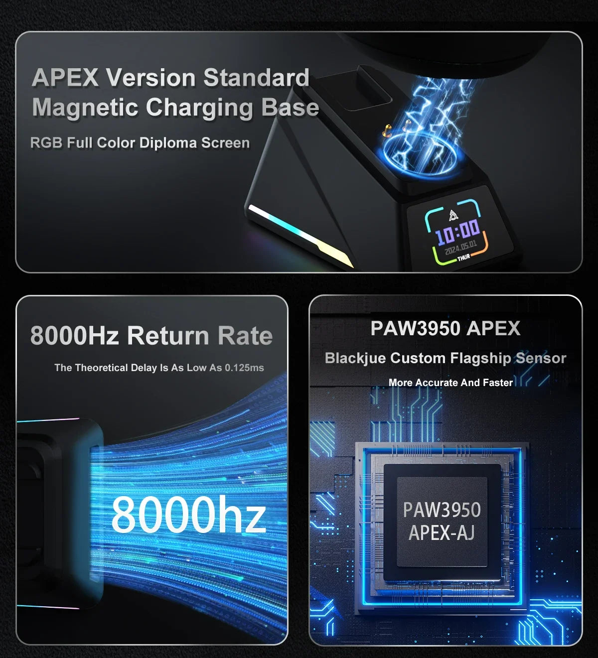 Mouse gaming Ajazz AJ159 PRO/APEX 8000Hz Rebound Rate Paw3950 con schermo a colori, supporto magnetico AJ159P per ufficio e gaming