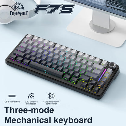 75% Hot Swap Gaming Keyboard Wireless FREEWOL F75 RGB Mechanical Keyboard with Metal Knobs AULA F75 Same Model, Tri-Mode, 4000 mAh