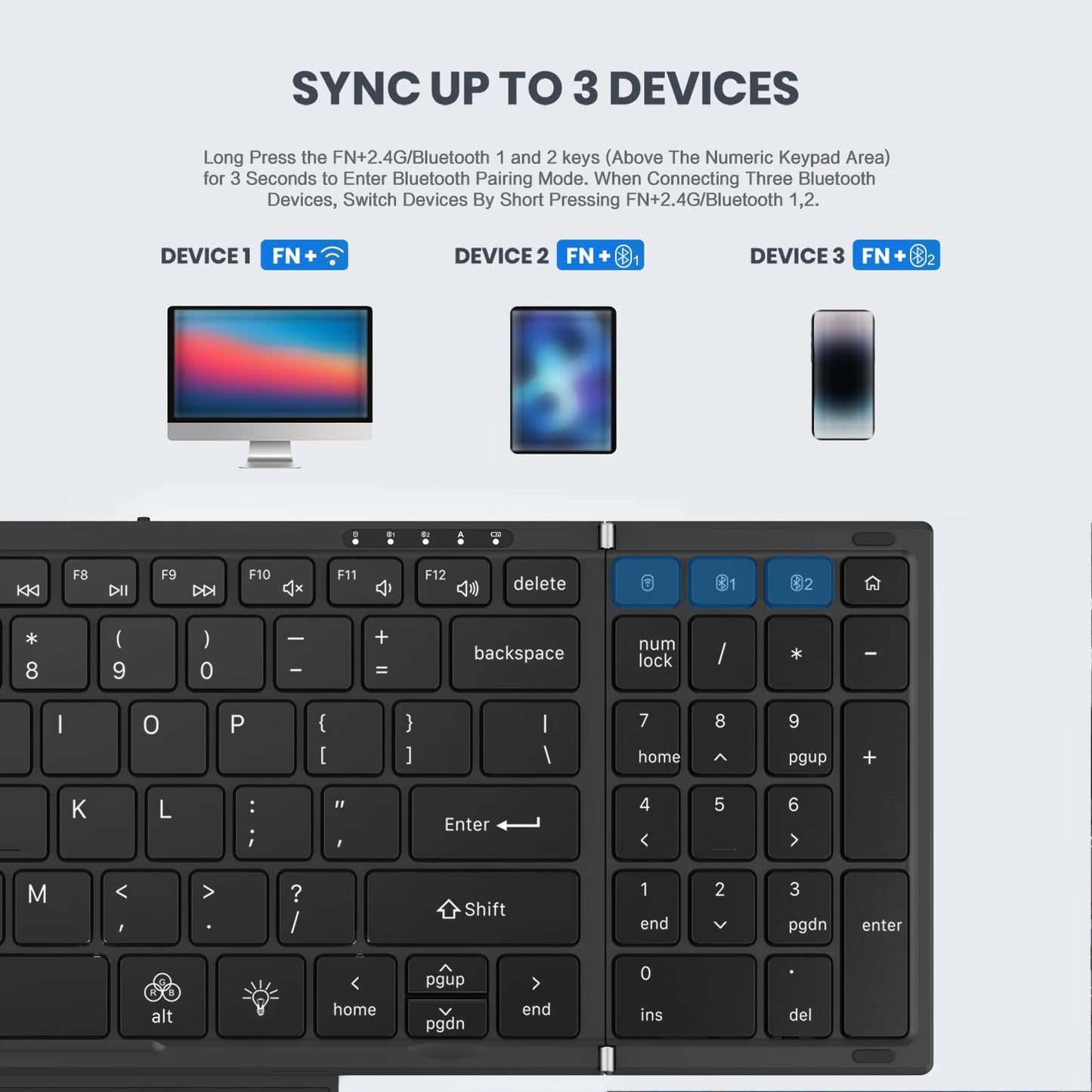 Teclado plegable Jomaa retroiluminado de tamaño completo Bluetooth+USB inalámbrico con panel táctil y teclado numérico para portátil Windows