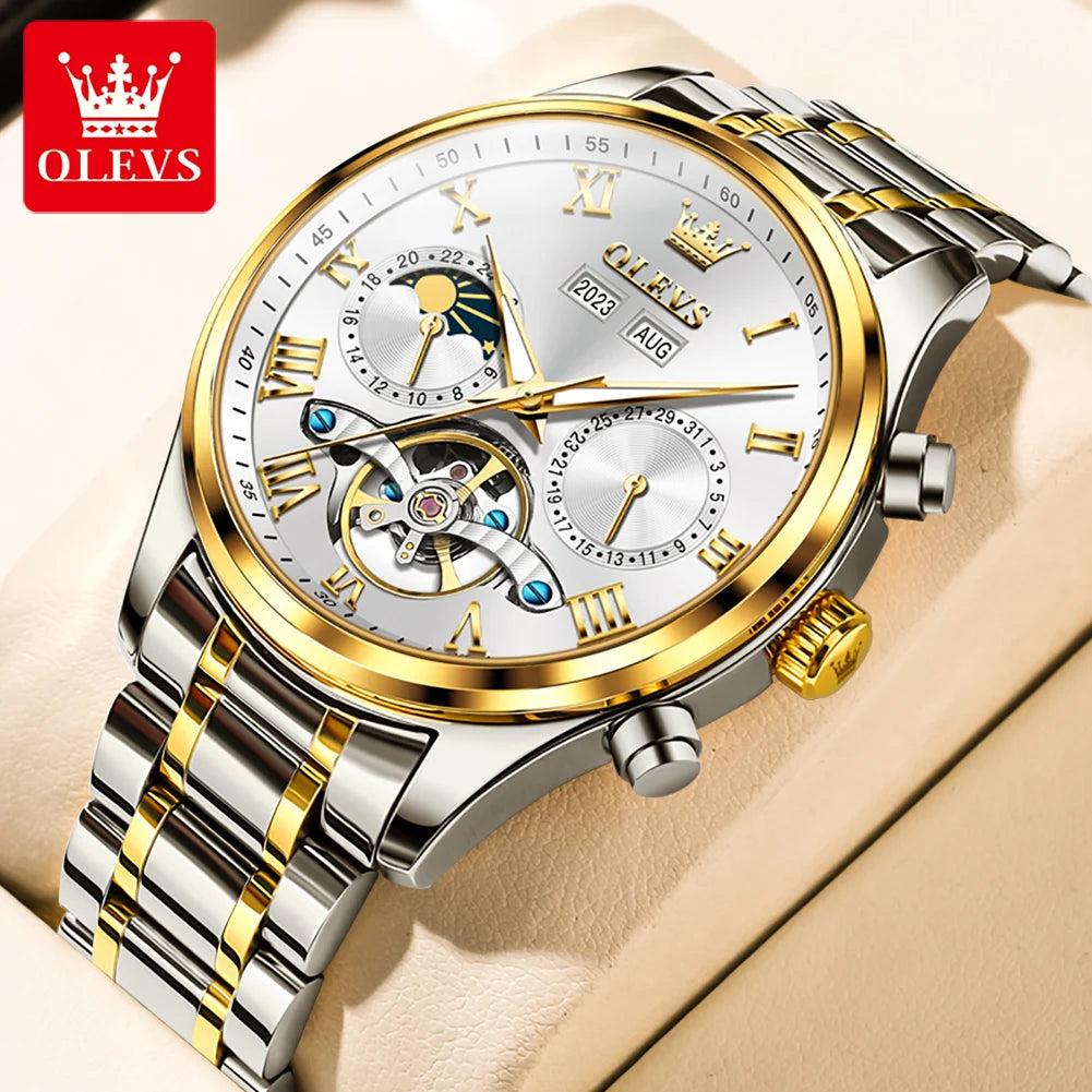OLEVS 7005 Classic Business Mechanical Wristwatch for Man Skeleton Flywheel 24 Hour Moon Phase  Calendar Luxury Men's Watch
