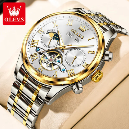 OLEVS 7005 Classic Business Mechanical Wristwatch for Man Skeleton Flywheel 24 Hour Moon Phase  Calendar Luxury Men's Watch